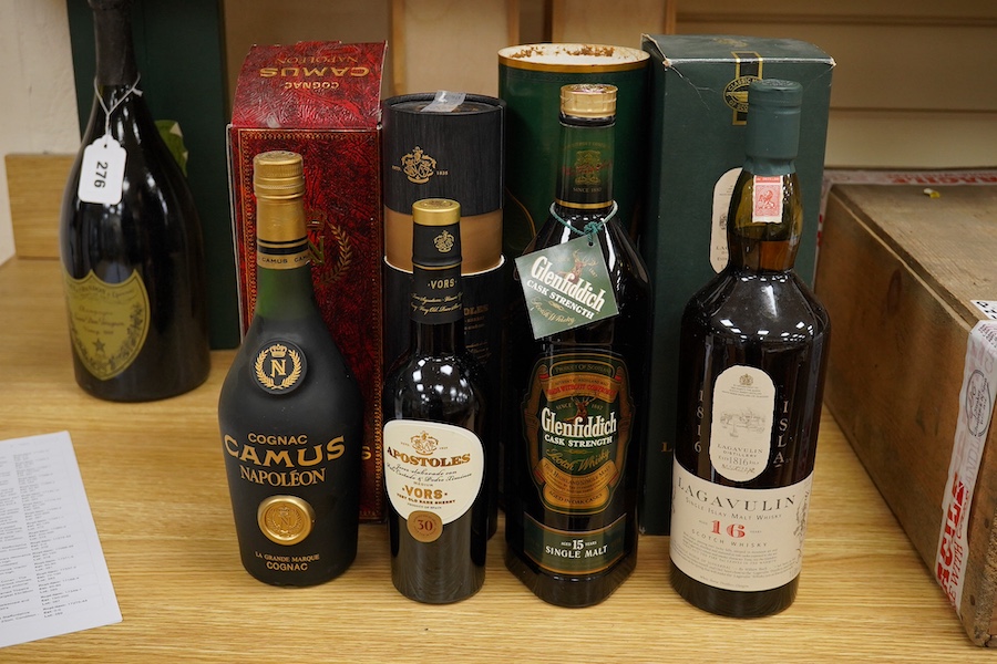 A boxed bottle of Lagavulin single Islay malt whisky, boxed Glenfiddich cask strength single malt whisky, a boxed bottle of Apostoles old sherry and a boxed bottle of Camus Napoleon cognac (4 bottles) Condition - fair, s